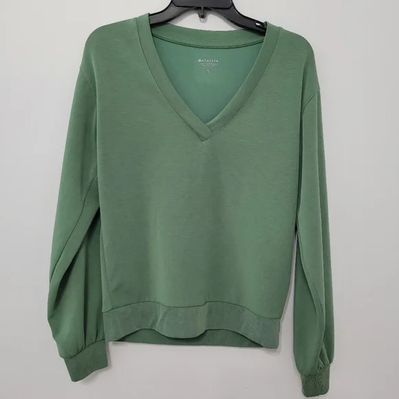 Athleta Seasoft Willow V Neckline Pullover Sweatshirt Green Modal Size XS Comfy - Picture 2 of 11